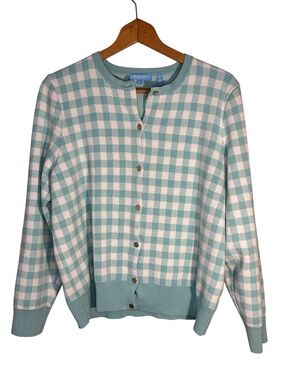 Draper James X Large Blue White Checked Gingham Button Cardigan Preppy